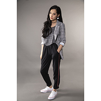 Ladies Round Collar Stripe Print Top and Ling Plaid Suit Coat and Black High Elastic Rubber Band Trousers with Pockets