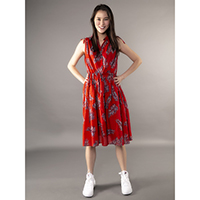 Ladies Red Summer V-neck Allover Floral Print Sleeveless Knee Length Dress