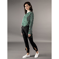 Ladies Green & White Stripe Print Long Sleeve Blouse and Stretch Slim Skinny Solid Ribbed cuff Trousers Casual Business Office