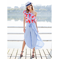 Ladies Fashion Ruffle Lapel Ling Plaid Pattern Allover Print Obliquely Shoulder Top