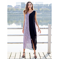 Ladies Fashion Split Joint Allover Print Mix Sleeveless Long Dress w/ Inner