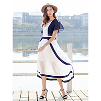 Ladies Round Collar Split Joint Short Sleeves Below-the-knee Length Party Dress