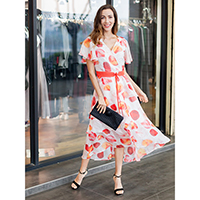 Ladies Summer Allover Print Short Sleeves Deep-V Causal Belted Long Dress