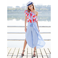 Ladies Fashion Casual Tie up Wide Leg Cropped Pants Dobby Stripe Print Pantskirt